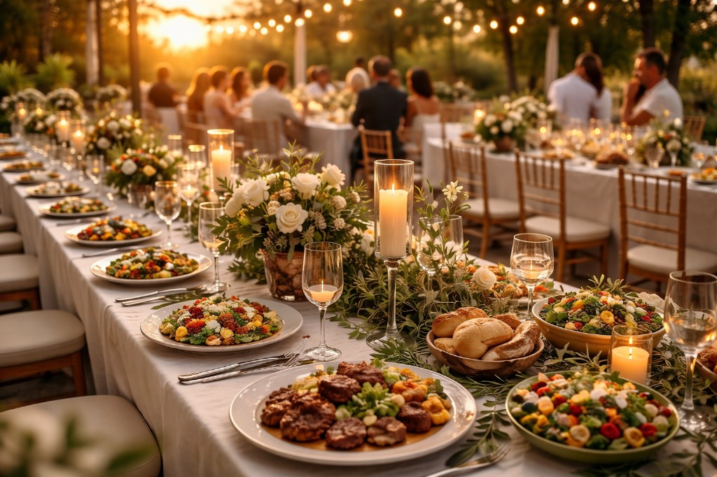 Outdoor wedding reception at golden hour: long table with salads, grills, bread, candles and guests in soft focus