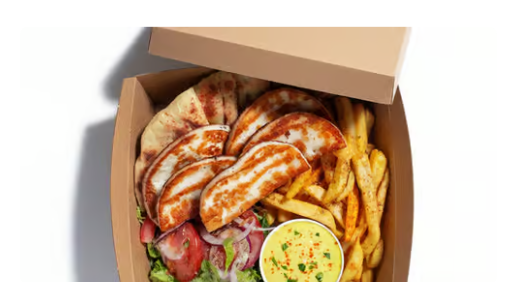 Grilled halloumi takeaway box with seasoned fries, salad, pita and dip from Olive's Mediterranean Food